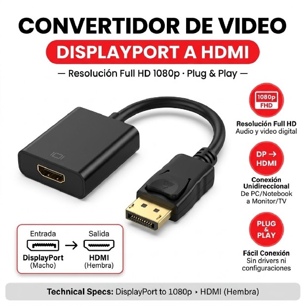 &ua  CONVERTIDOR VIDEO CABLE DISPLAYPORT A HDMI (1232)
